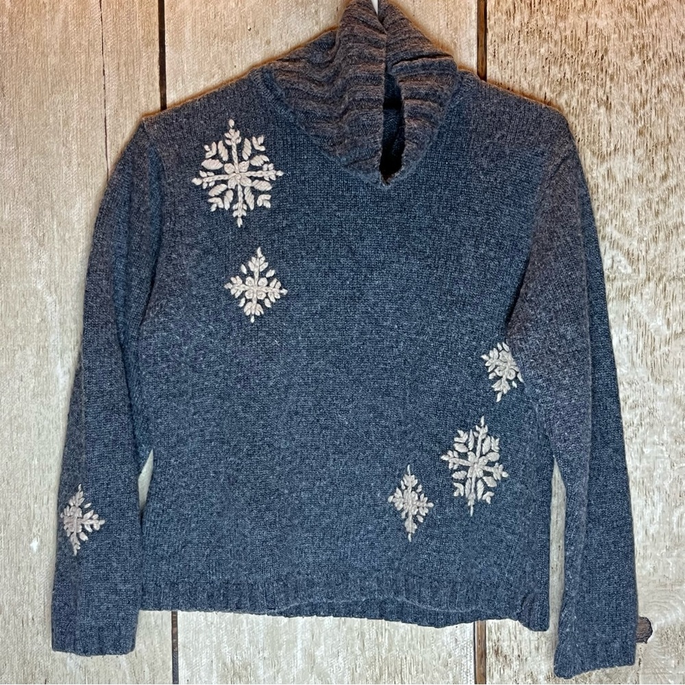 Vintage heathered gray snowflake pullover sweater cowel turtle neck small petite